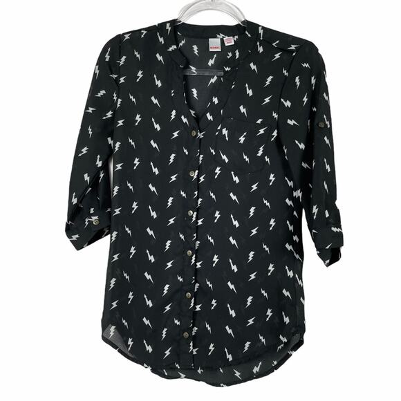 Bongo Black & White Lightning Bolt Print Sheer 3/4 Roll-Tab Sleeves Top - XS - Picture 1 of 12